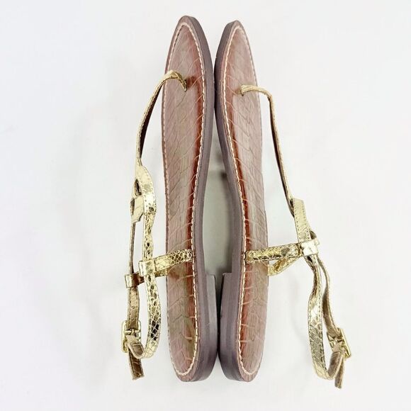 Sam Edelman GIGI Gold Metallic Reptile Embossed Leather T Strap Thong Sandals - Picture 13 of 16